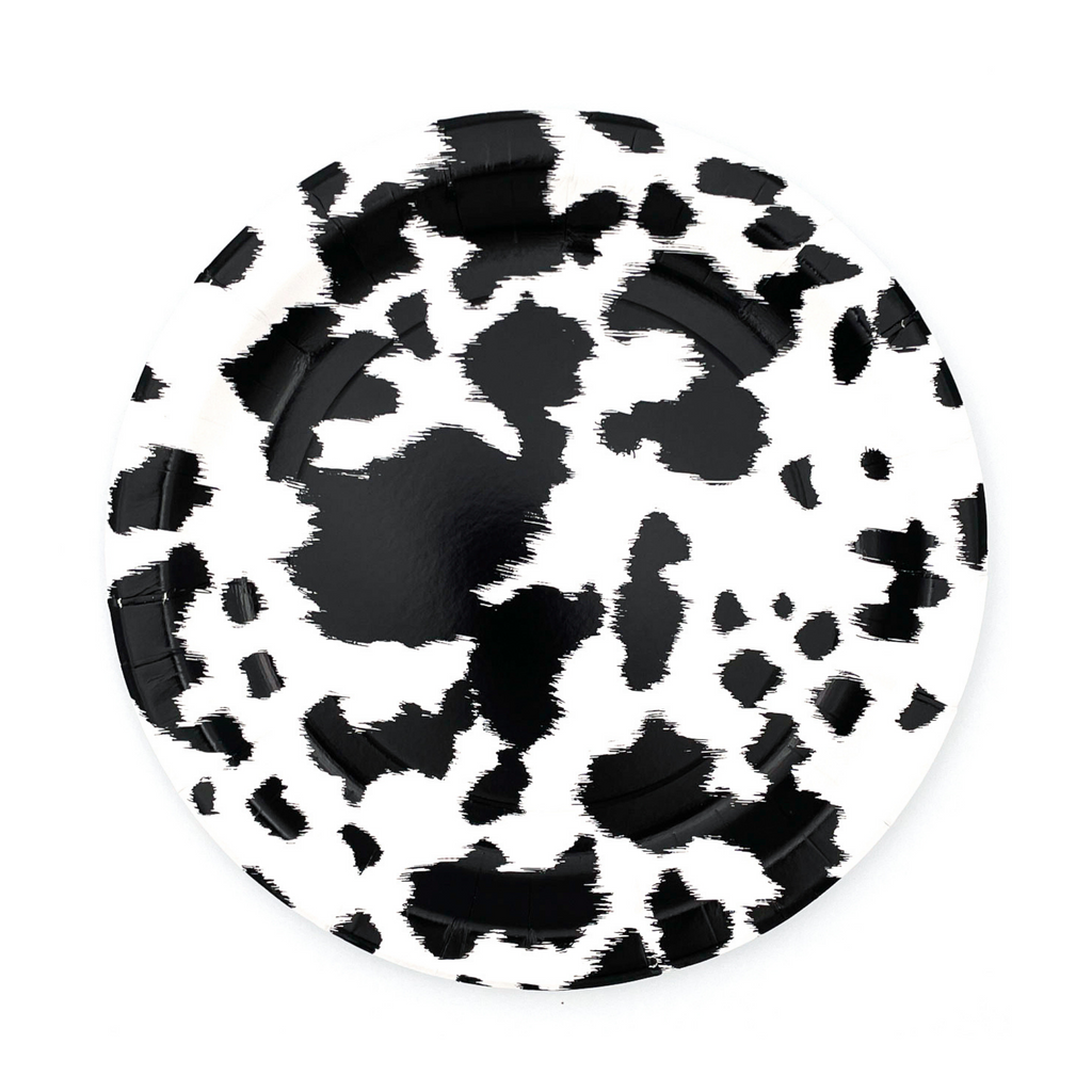 black and white dinner size paper plate, black and white cowhide print all over