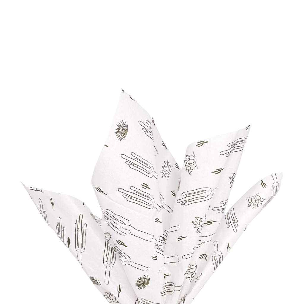 White tissue paper with black drawings of cactus in a pattern.