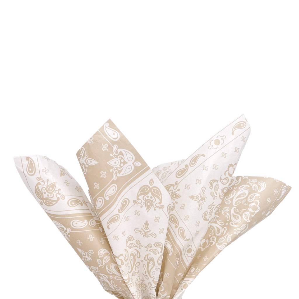 Tissue paper with bandana paisley print. Alternating colors are white with champagne details and champagne with white details.