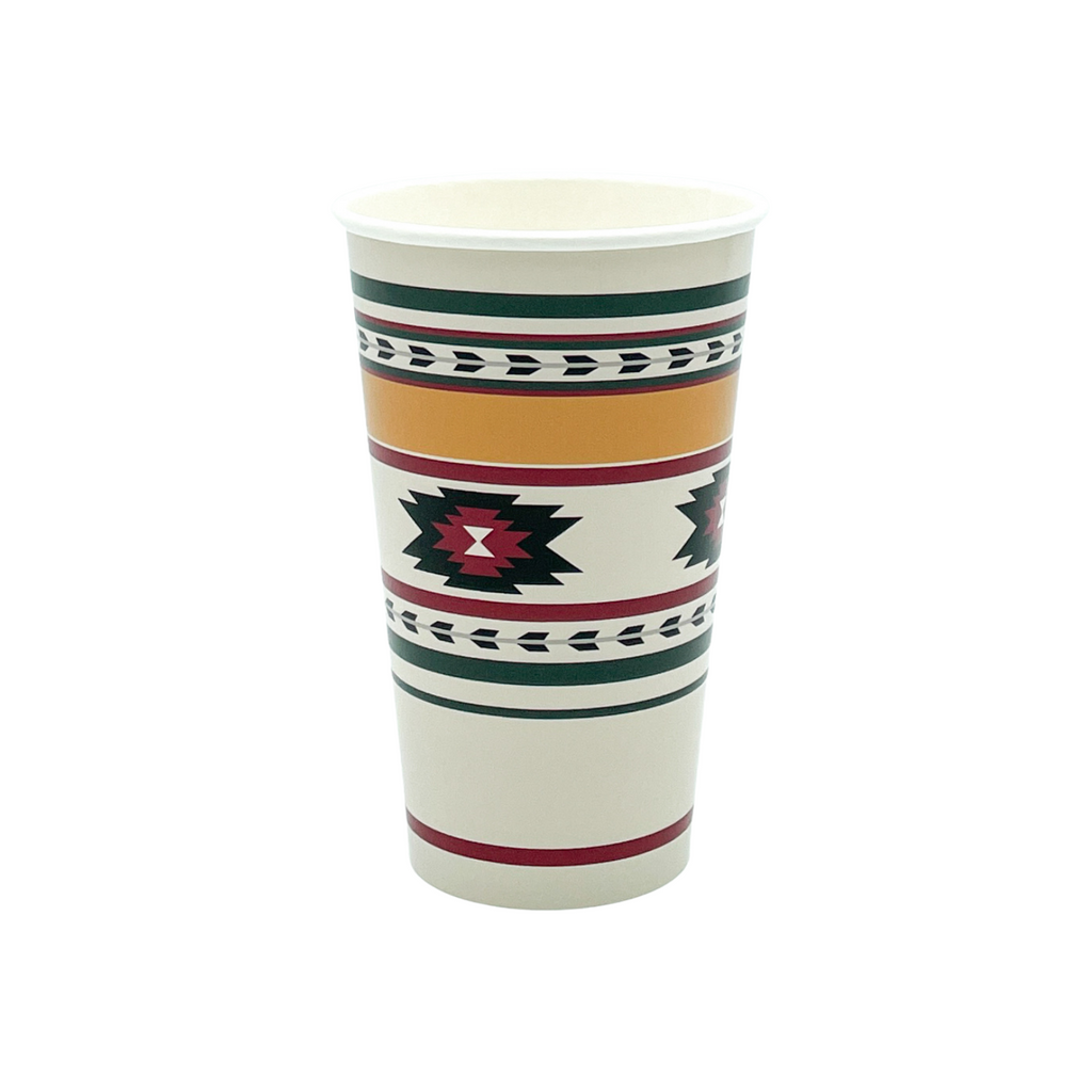 Aztec print white cups with red and green stripes and one gold stripe. With black and red aztec tribal design.