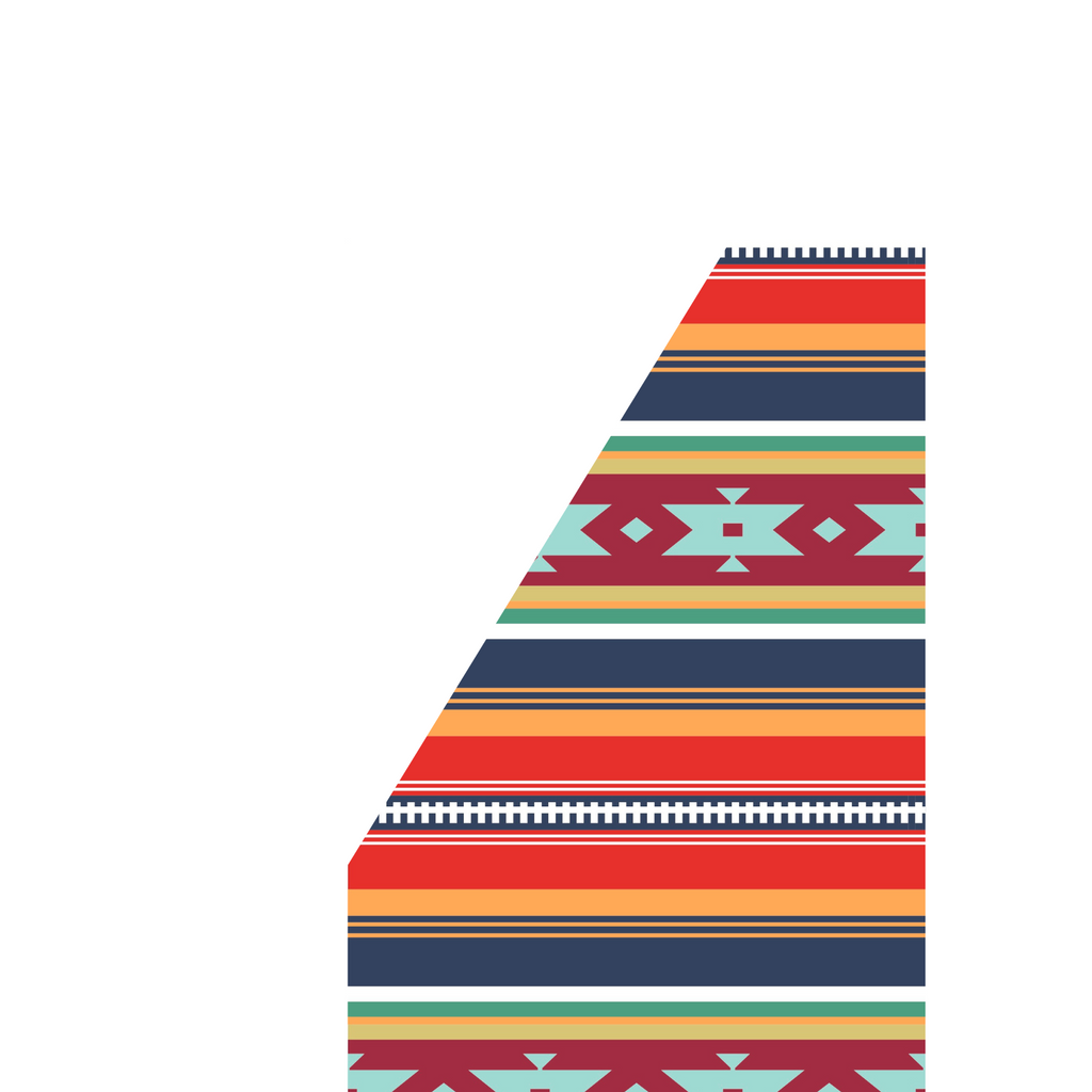 Heavyweight gift wrap paper on a roll in aztec print with red, blue, orange, and white stripes with aztec tribal shape in turquoise.