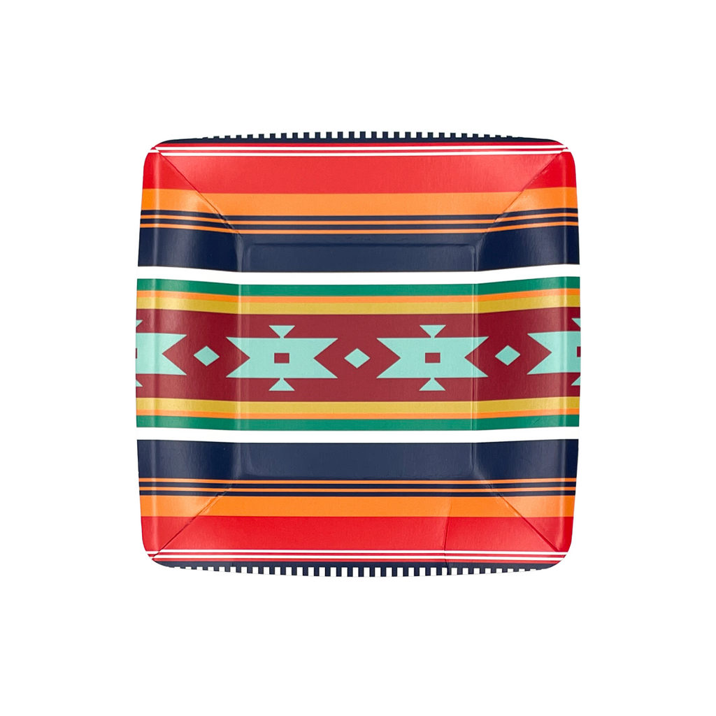 Square aztec print dessert plates with red, blue, orange, and white stripes with aztec tribal shape in turquoise.