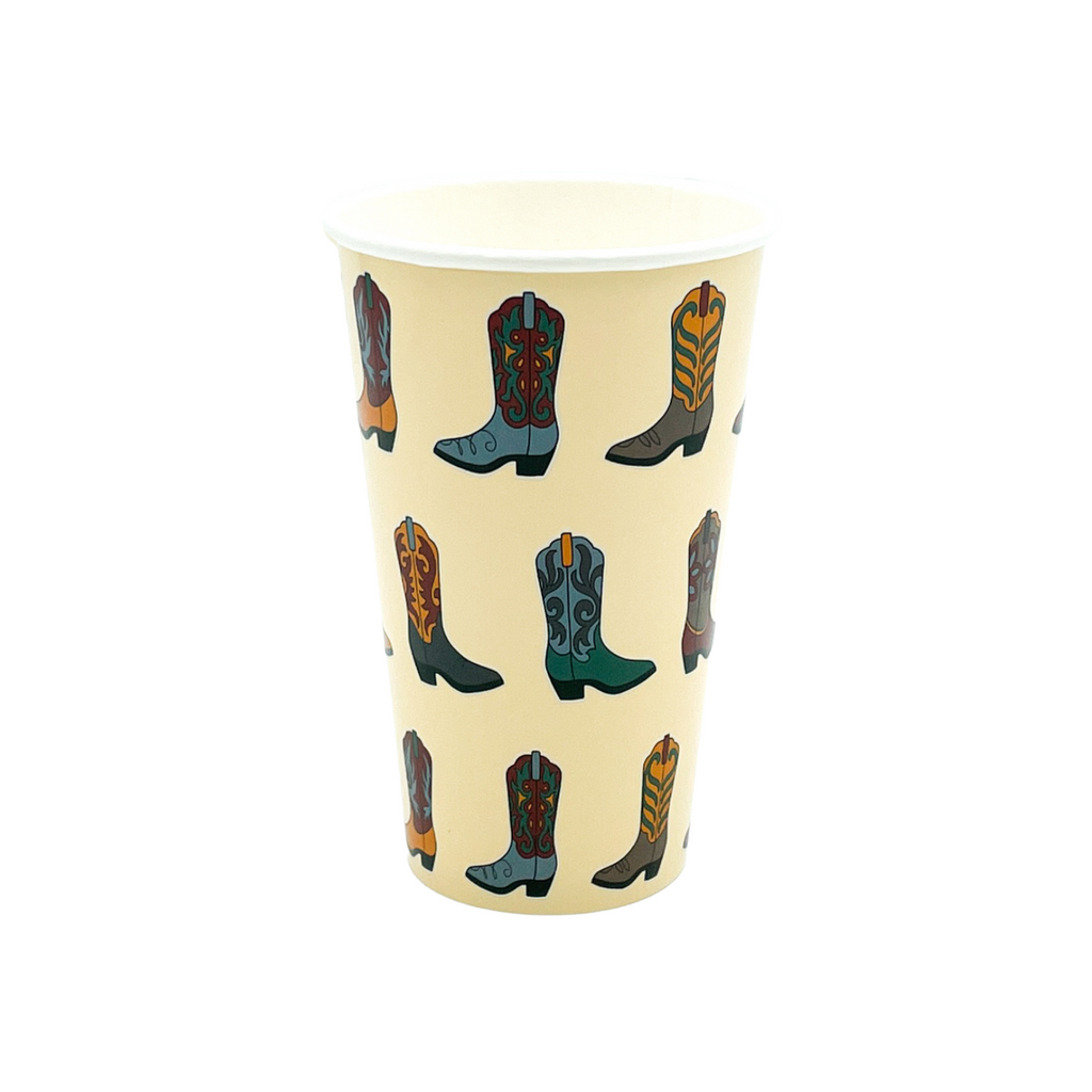 Creme yellow colored cups with different colored boots pattern. Colors are forest green, baby blue, mustard yellow, orange and sand.