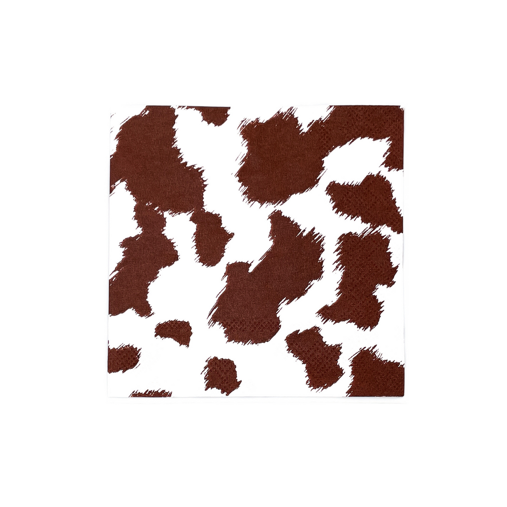 Brown and White cowhide print on paper cocktail napkins folded into a square