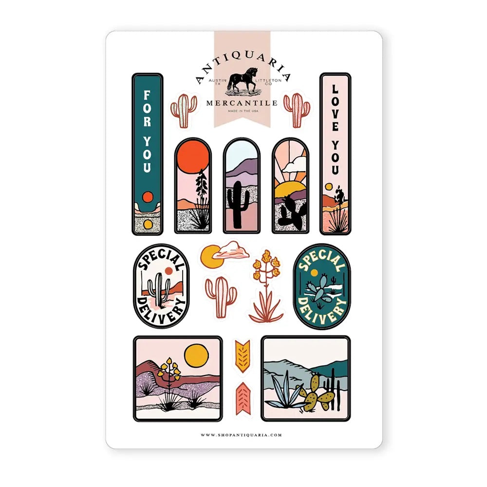 Sticker sheet with different desert and cactus scenes. Some stickers say "For You," "Love you," "Special Delivery." The sheet has the logo for Antiquaria Mercantile.