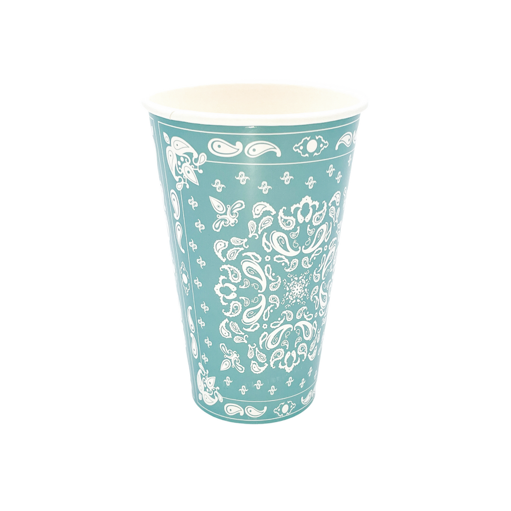 Turquoise colored cups with white bandana paisley print details.