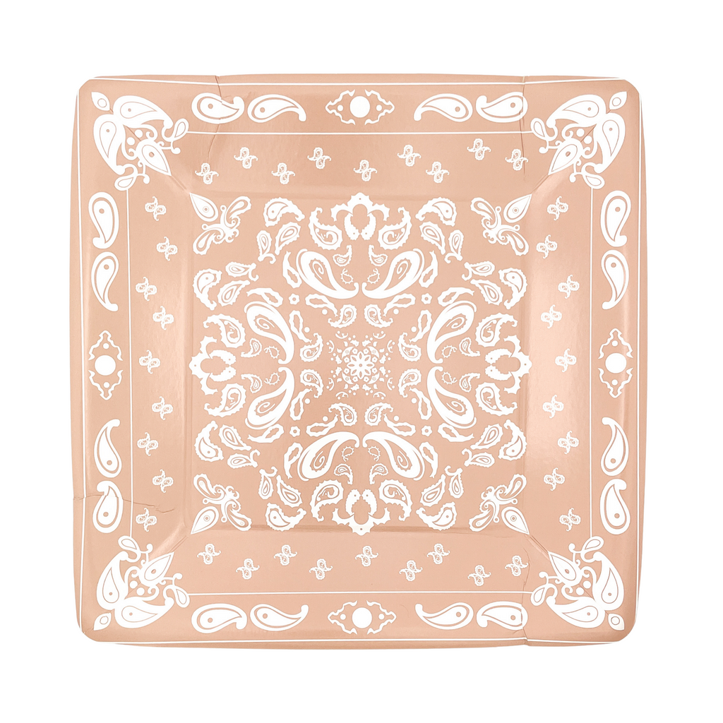 Champagne colored square dinner plate with white bandana paisley print details.