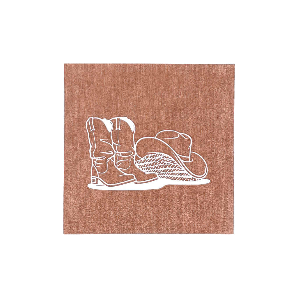 Square, tan cocktail napkins with cowboy boots, cowboy hat and rope print. 