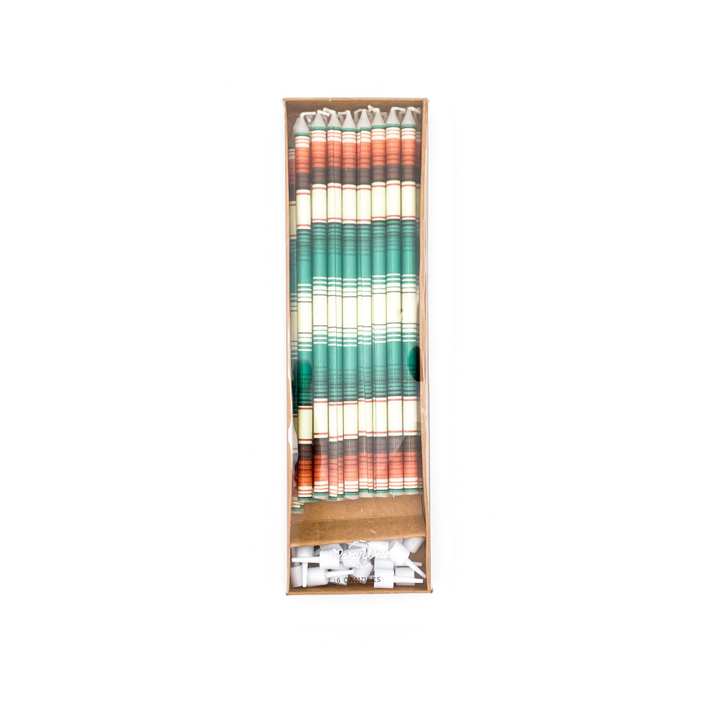5.75in tall candles with "Desert Stripe" turquoise, orange and creme colored stripes. Cake picks included.