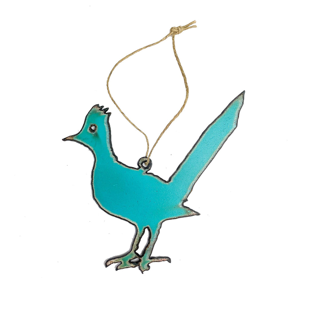 Turquoise roadrunner shaped iron ornament. Brown string attached for hanging.