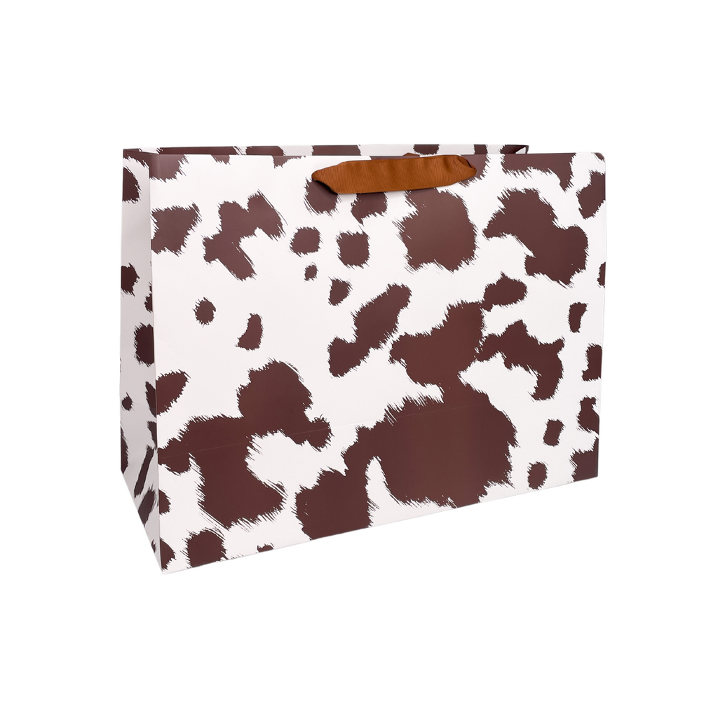 Brown and white pattern on large size paper gift bag with light brown grosgrain ribbon handles