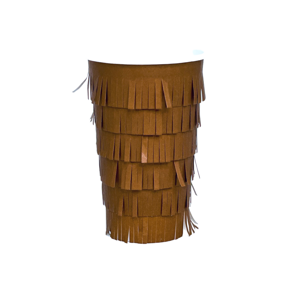 Brown paper cup with paper cut into fringe and layered to look like a pinata. 