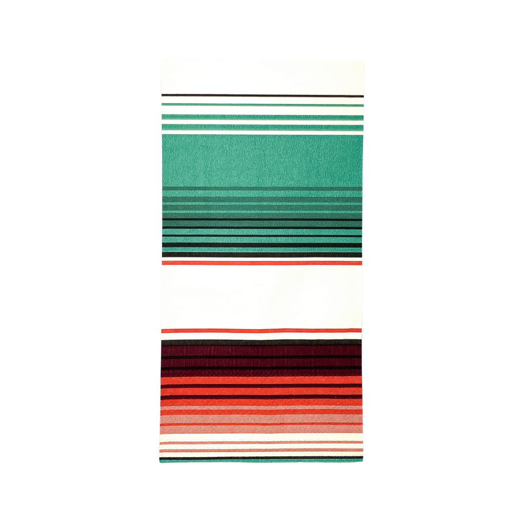 Rectangle dinner napkin with "Desert Stripe" turquoise, orange and creme colored stripes.