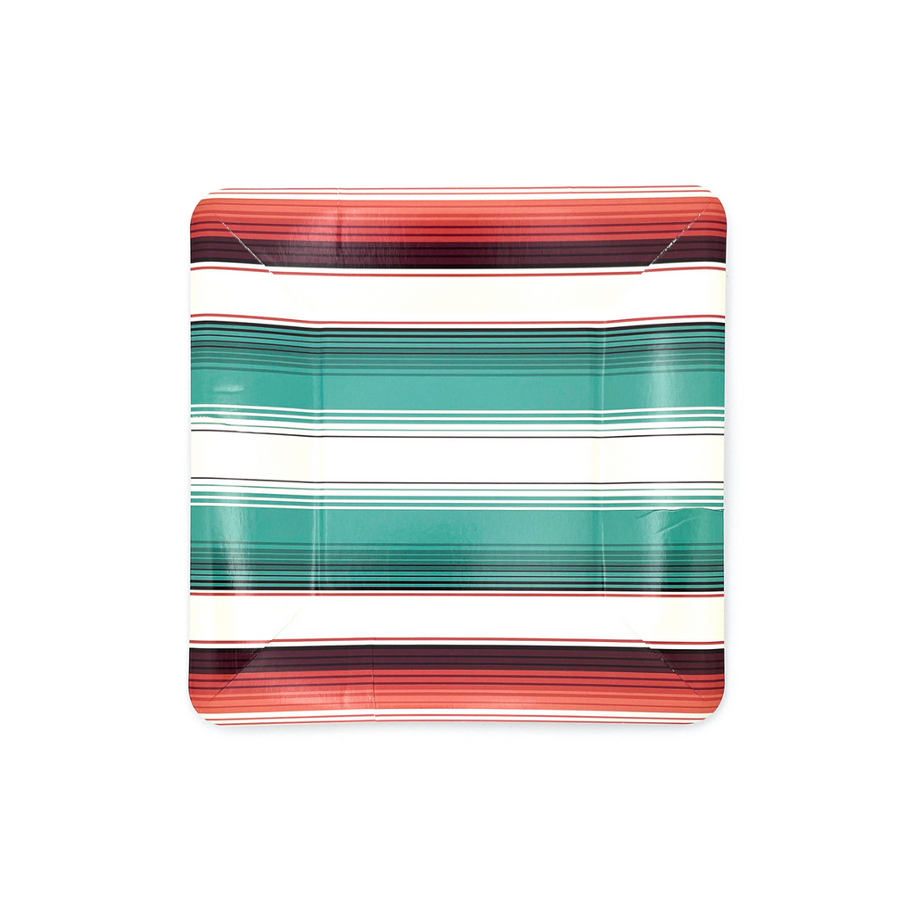 Square paper dessert plate with "Desert Stripe" turquoise, orange and creme colored stripes.