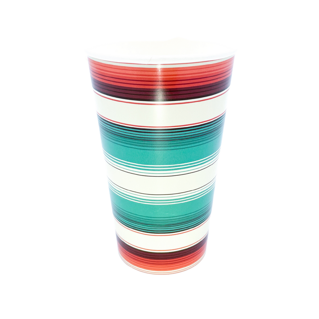Paper cup with "Desert Stripe" turquoise, orange and creme colored stripes.