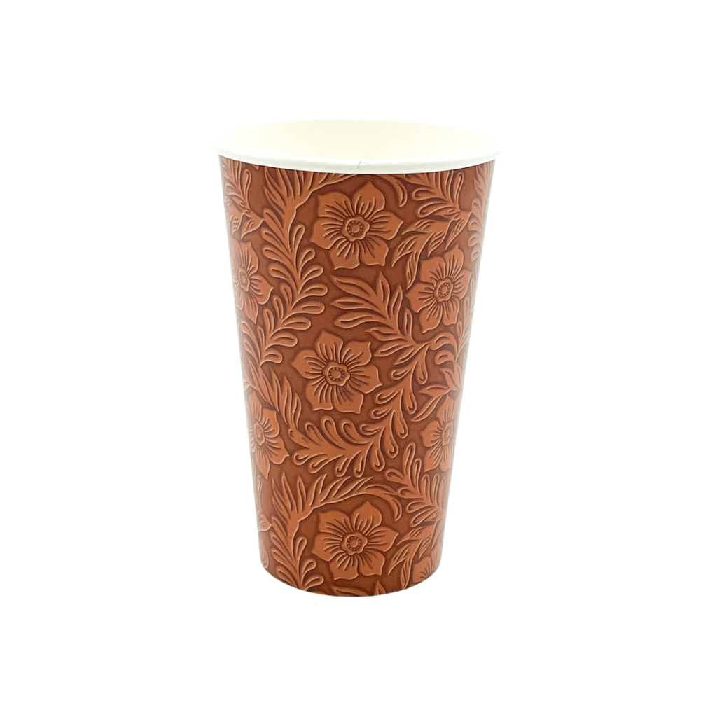 Light brown floral tooled leather print on a brown cup