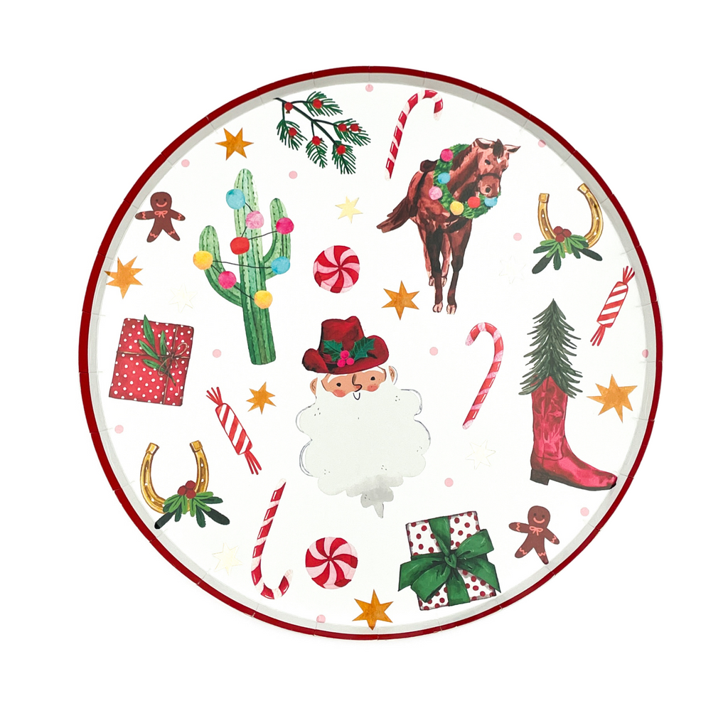 Round paper dinner plate with red border on top. Christmas pattern featuring the following hand-drawn motifs: Santa with a red cowboy hat, candy cane and mint candies, saguaro cacti with Christmas string lights, horses with wreaths around their necks, wrapped presents, holly branches,, horse shoes with holly, and orange and gold foil 6-point stars.