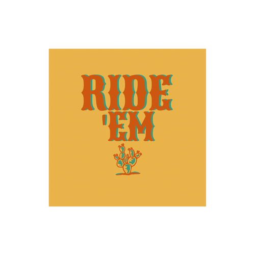 Yellow, square cocktail napkins with the text "Ride 'Em" written in red and green letters and cactus design. 