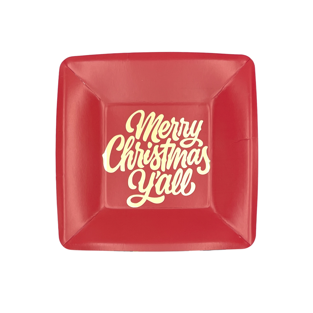 Red, square dessert plate with gold foil text saying "Merry Christmas Y'all"