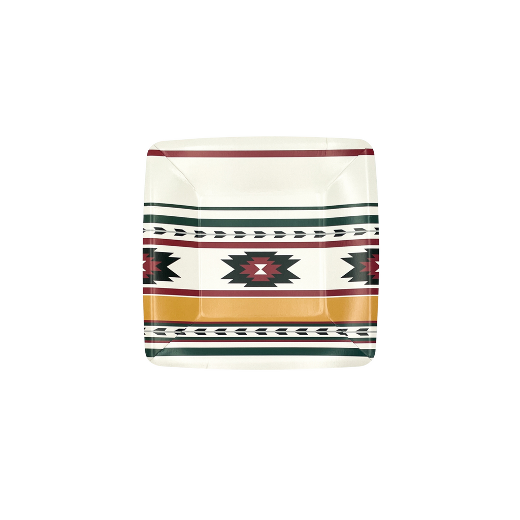 Aztec print white square dessert plates with red and green stripes and one gold stripe. With black and red aztec tribal design.