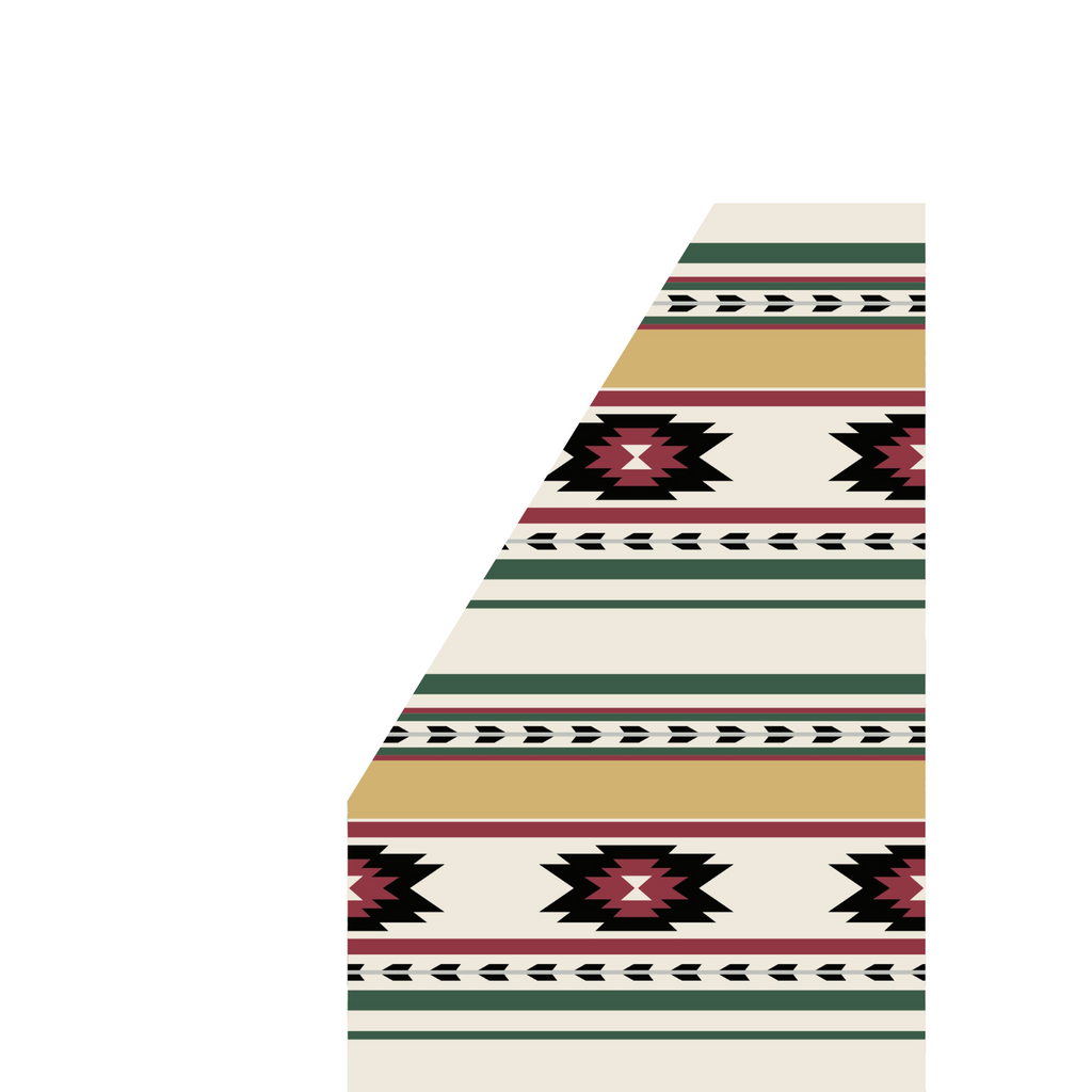 White heavyweight gift wrap paper on a roll with aztec print red, green and gold stripes. With black and red aztec tribal design.
