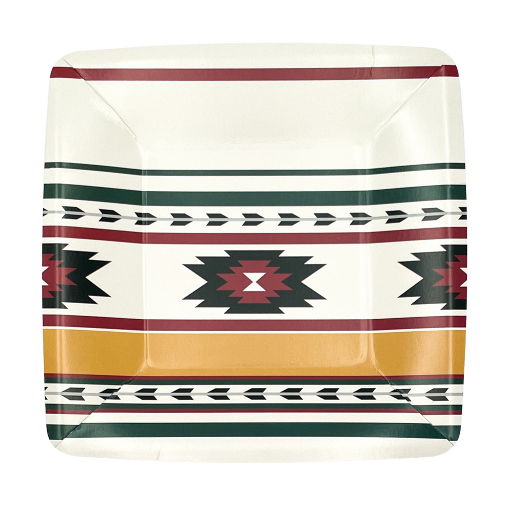 Aztec print white square dinner plates with red and green stripes and one gold stripe. With black and red aztec tribal design.