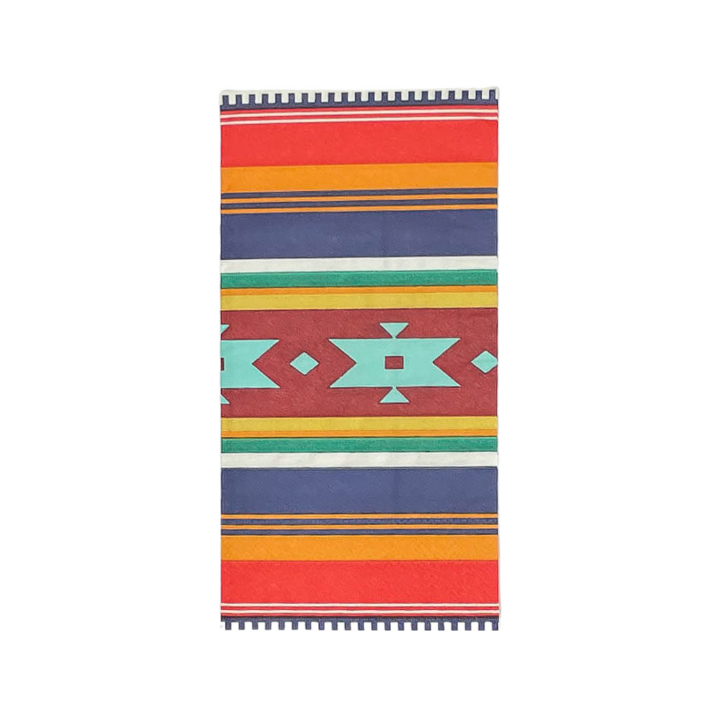 Rectangle shaped aztec print paper dinner napkins with red, blue, orange, and white stripes with aztec tribal shape in turquoise.