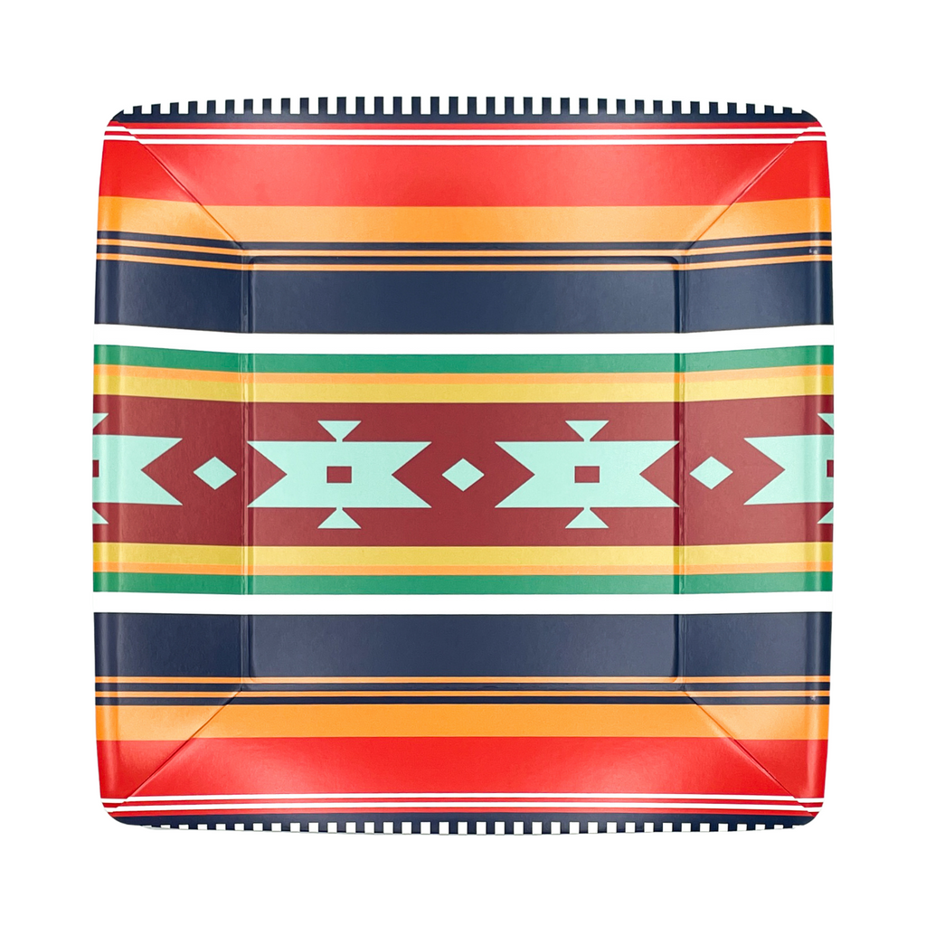 Square aztec print paper dinner plates with red, blue, orange, and white stripes with aztec tribal shape in turquoise.