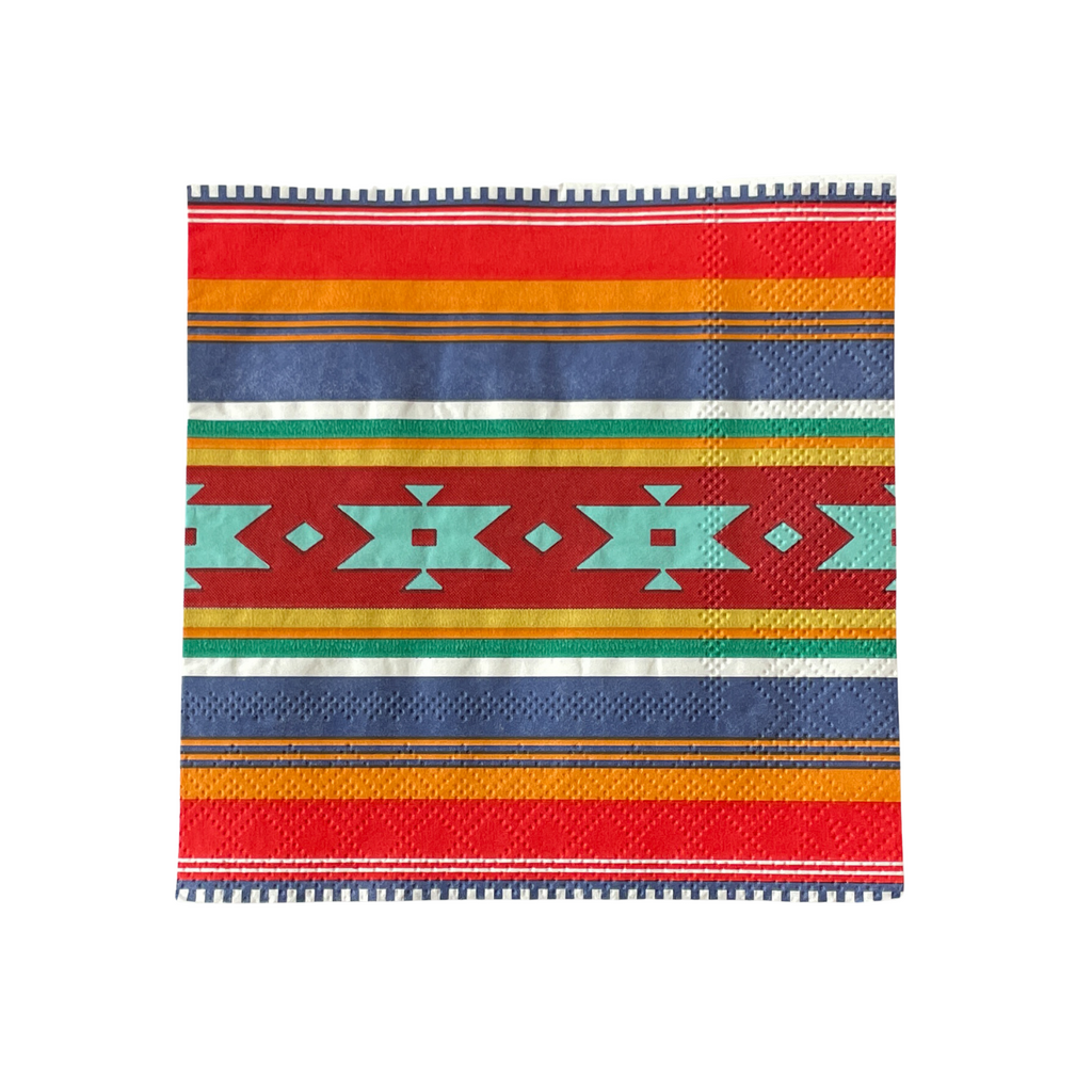 Square aztec print cocktail napkin with red, blue, orange, and white stripes with aztec tribal shape in turquoise. 