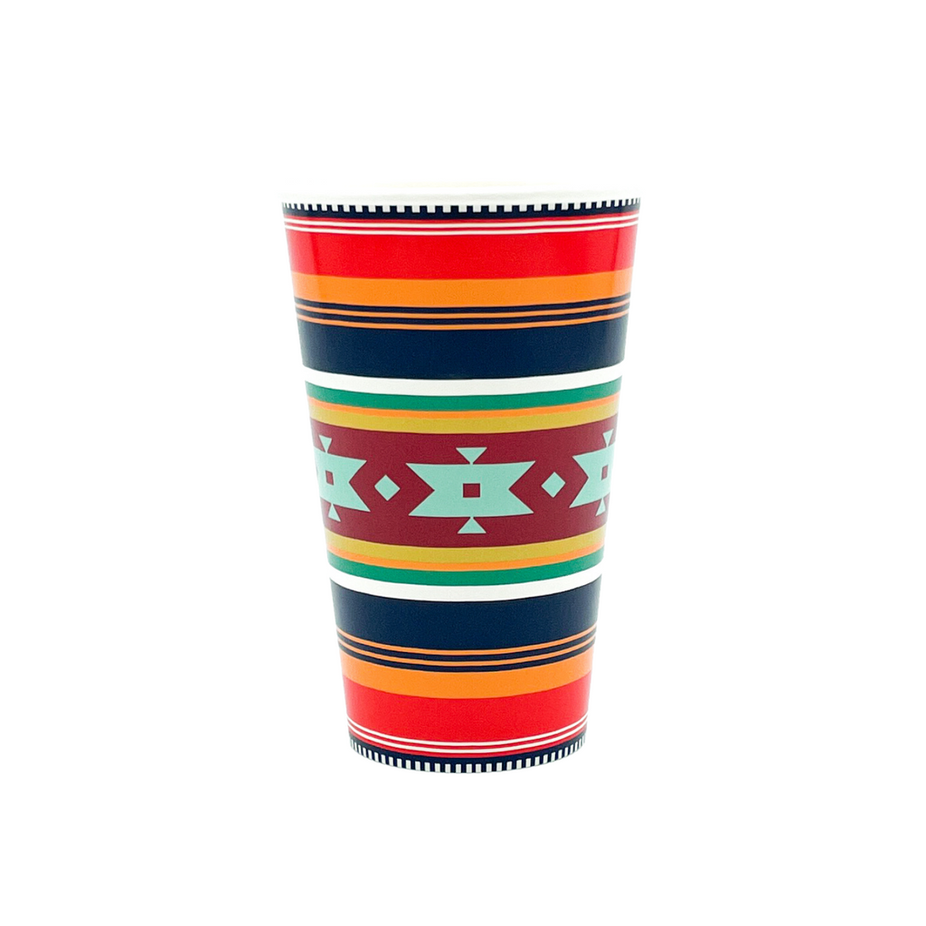 Aztec print cups with red, blue, orange, and white stripes with aztec tribal shape in turquoise.