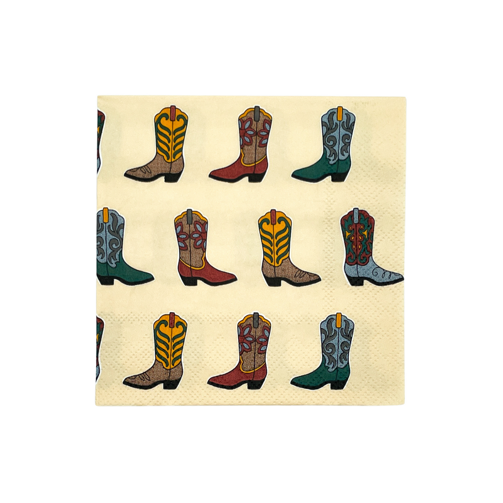 Creme yellow colored square cocktail napkins with different colored boots pattern. Colors are forest green, baby blue, mustard yellow, orange and sand.