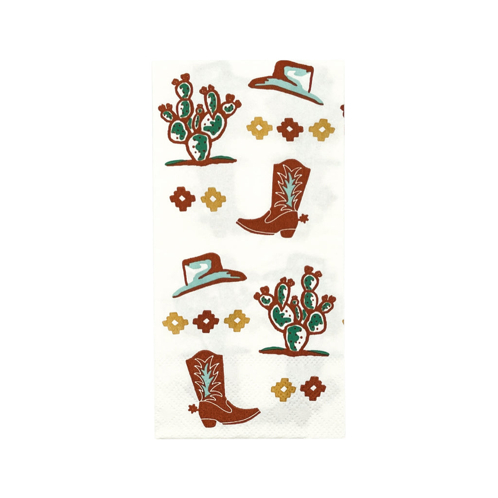 White square dinner napkins with a gold and burnt orange concho, cowboy hat, cowboy boot, and cactus print.