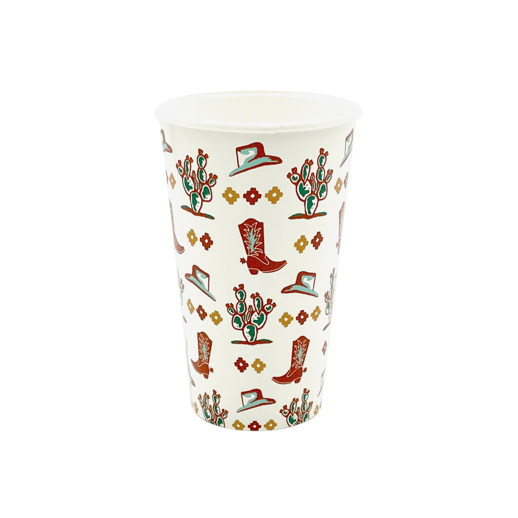 White cups with a gold and burnt orange concho, cowboy hat, cowboy boot, and cactus print.