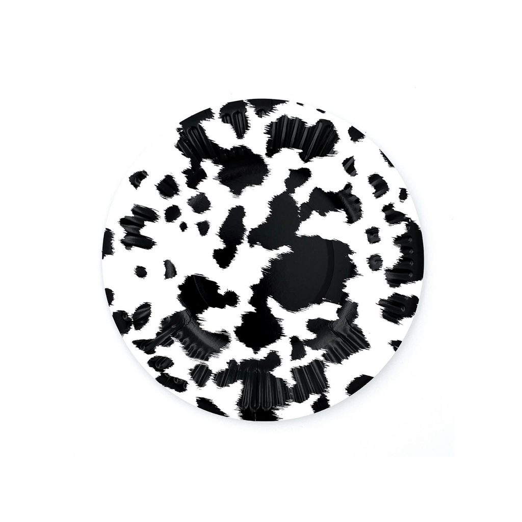 black and white cowhide print on small paper dessert size plate