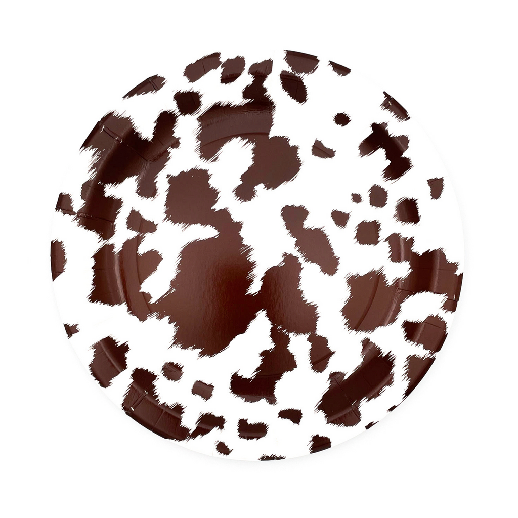 Brown and white cowhide print on white paper dinner plates