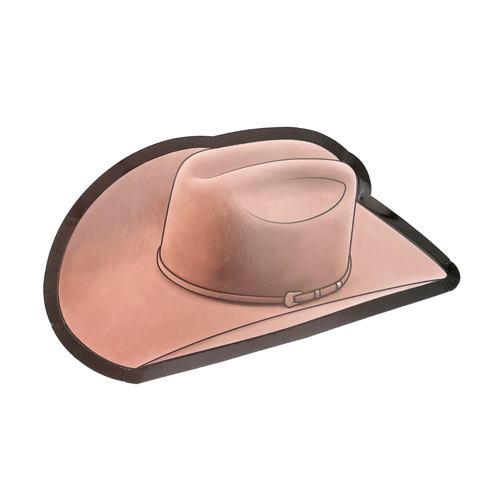 Brown plate cut in the shape of a cowboy hat. Cowboy hat graphic on the plate with thick black border.