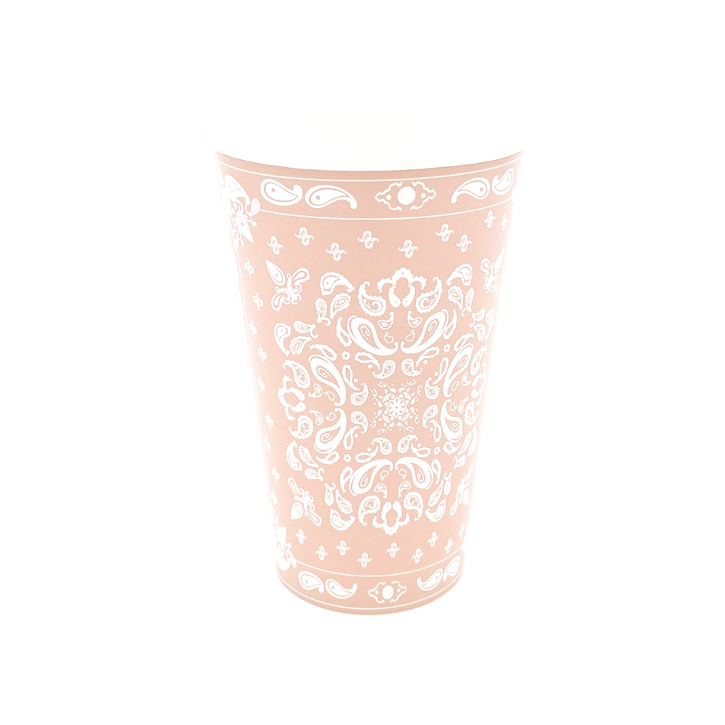 Champagne colored cup with white bandana paisley print details.