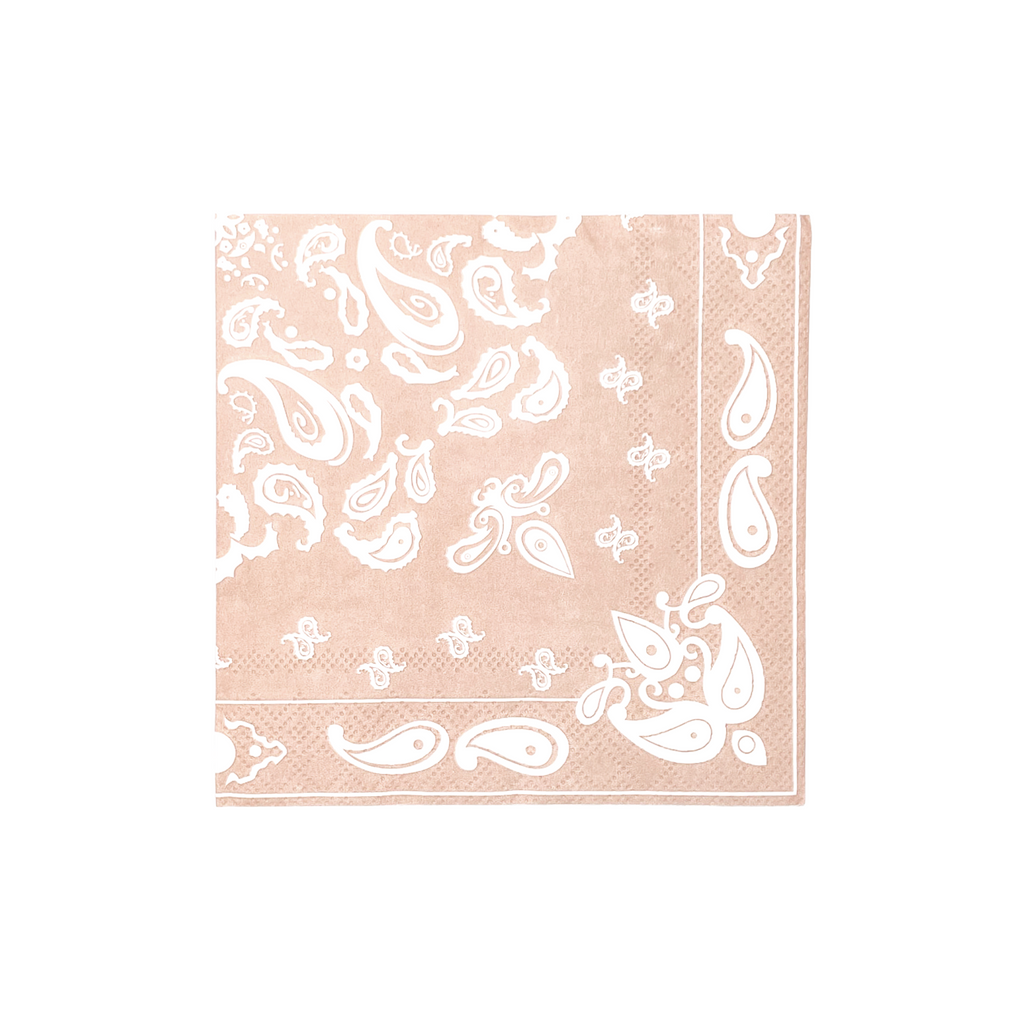 Champagne colored square cocktail napkin with white bandana paisley print details.  