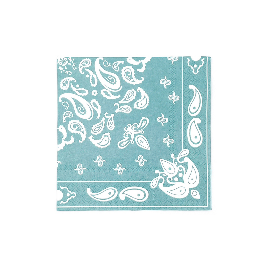 Turquoise colored square paper cocktail napkin with white bandana paisley print details.