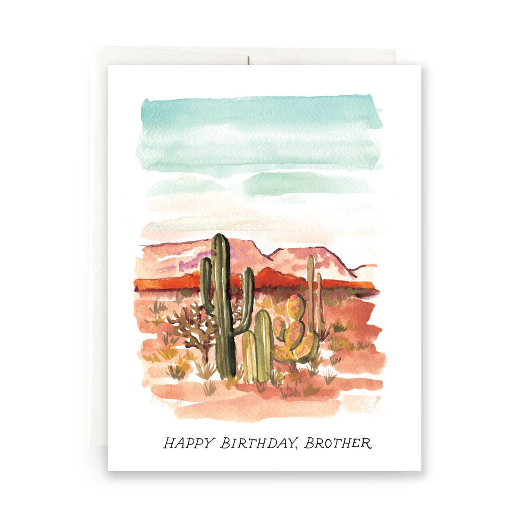 "Happy Birthday, Brother" card with a desert scene of cactus that looks like watercolor paint.