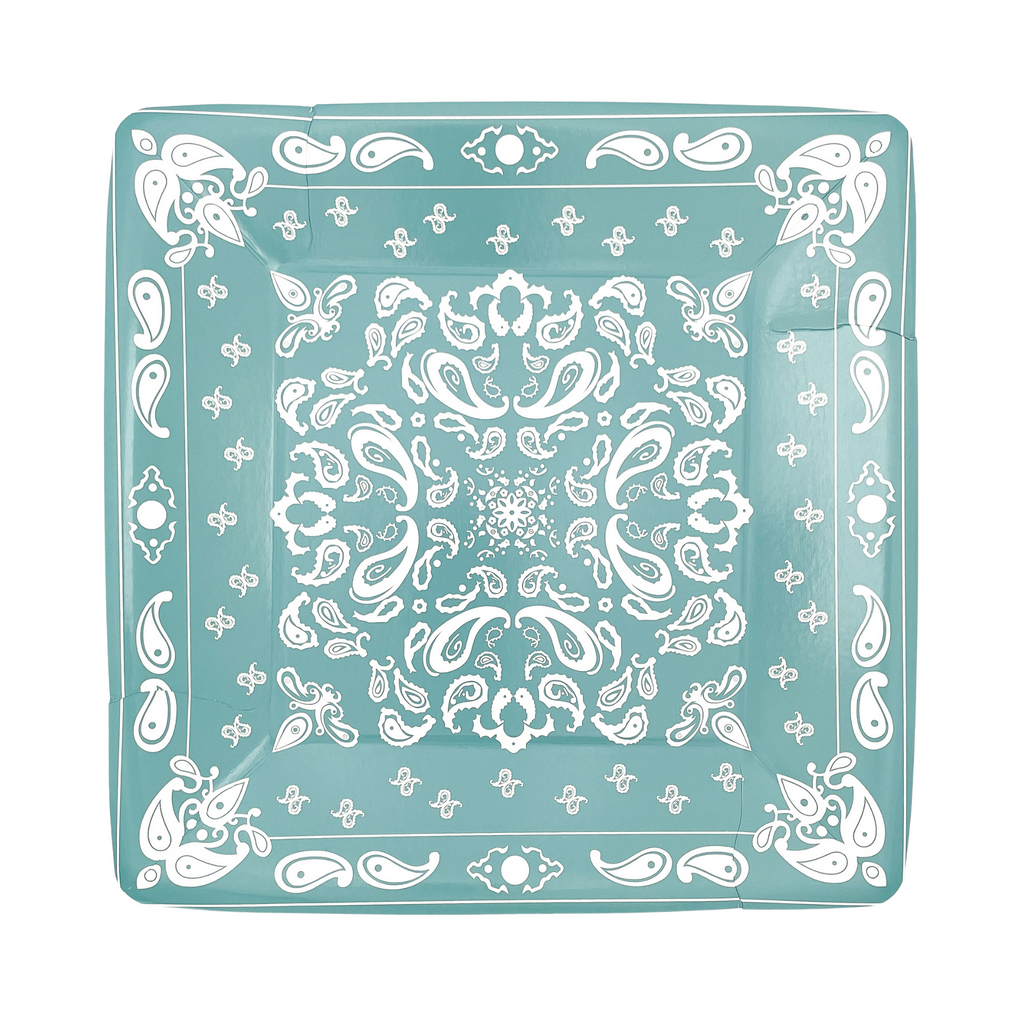Turquoise colored square dinner plate with white bandana paisley print details.