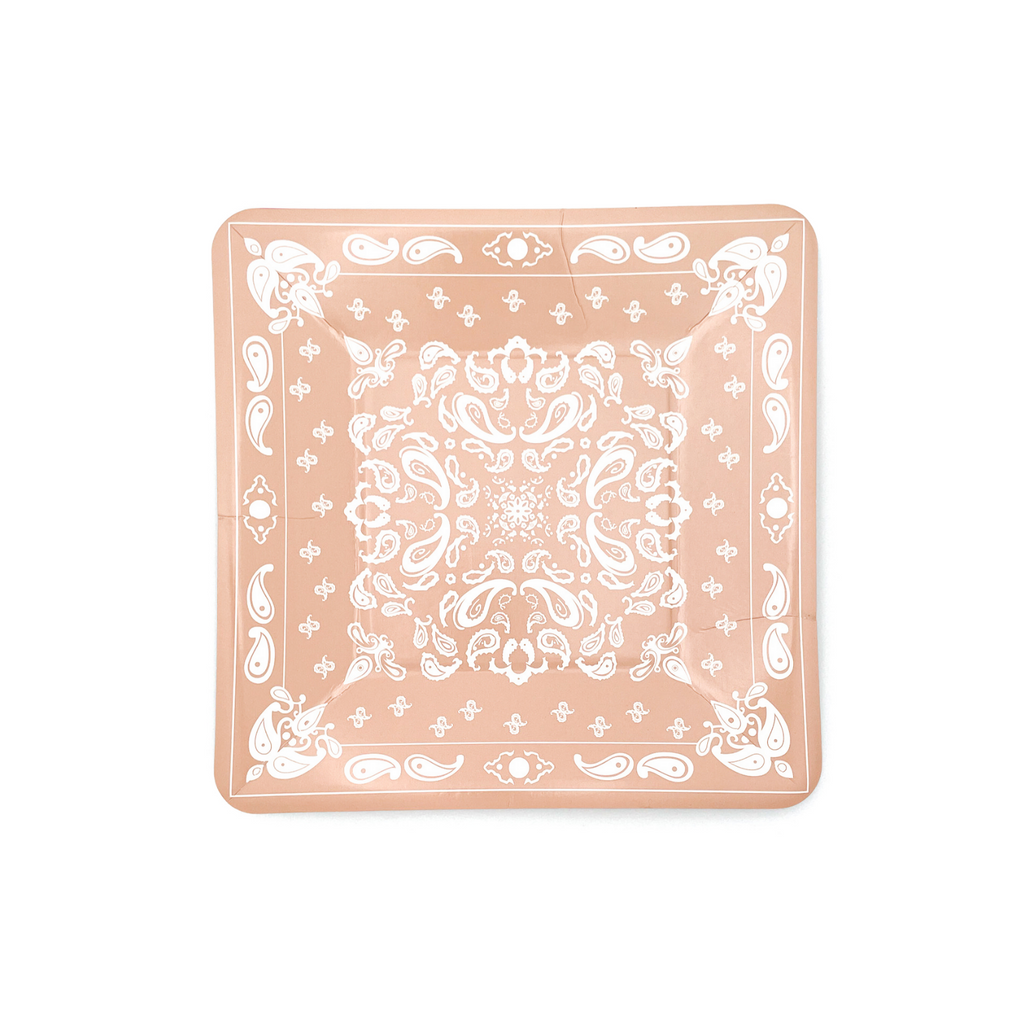 Champagne colored square dessert plate with white bandana paisley print details.