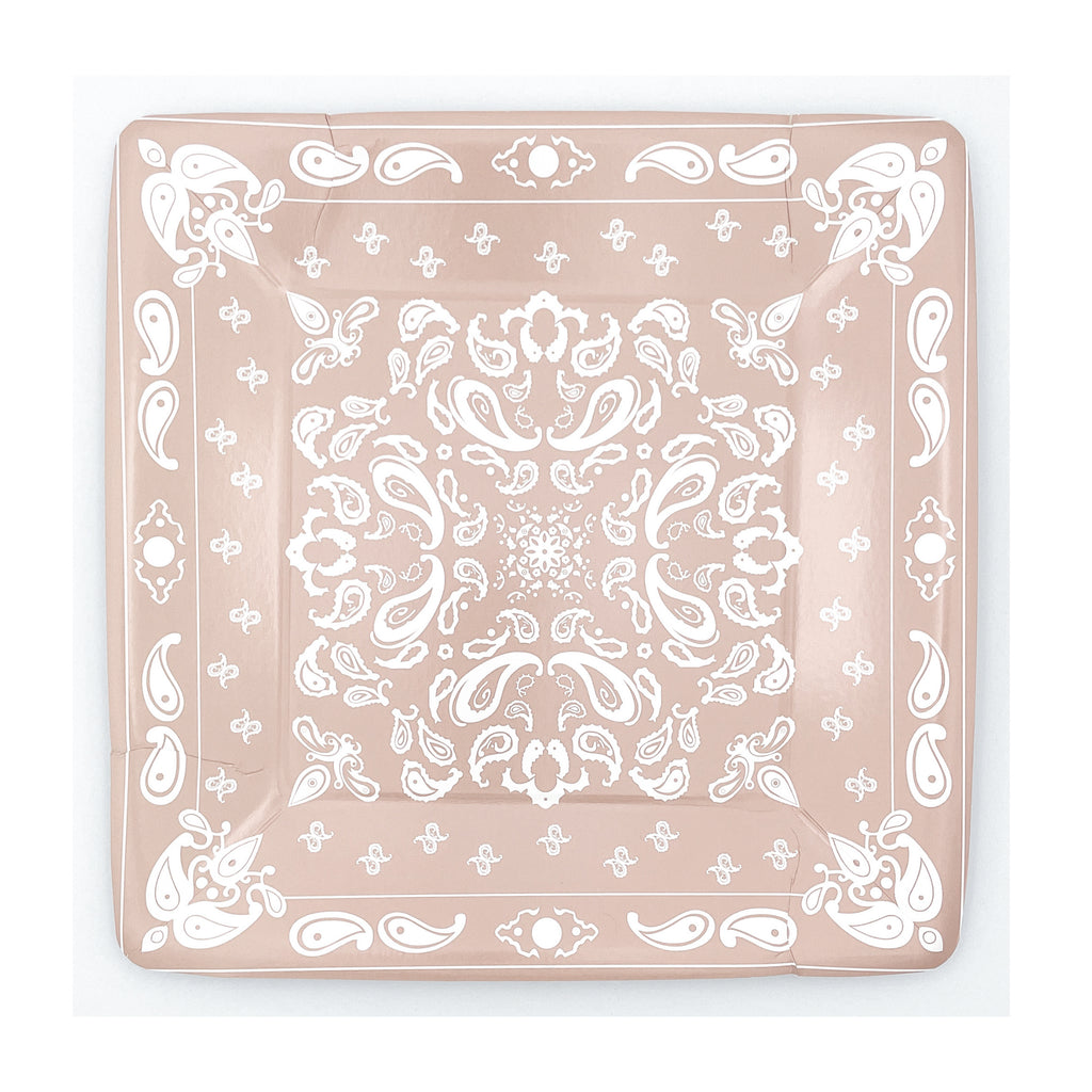 Champagne colored square dinner plate with white bandana paisley print details. Small black smudge due to a packing defect.
