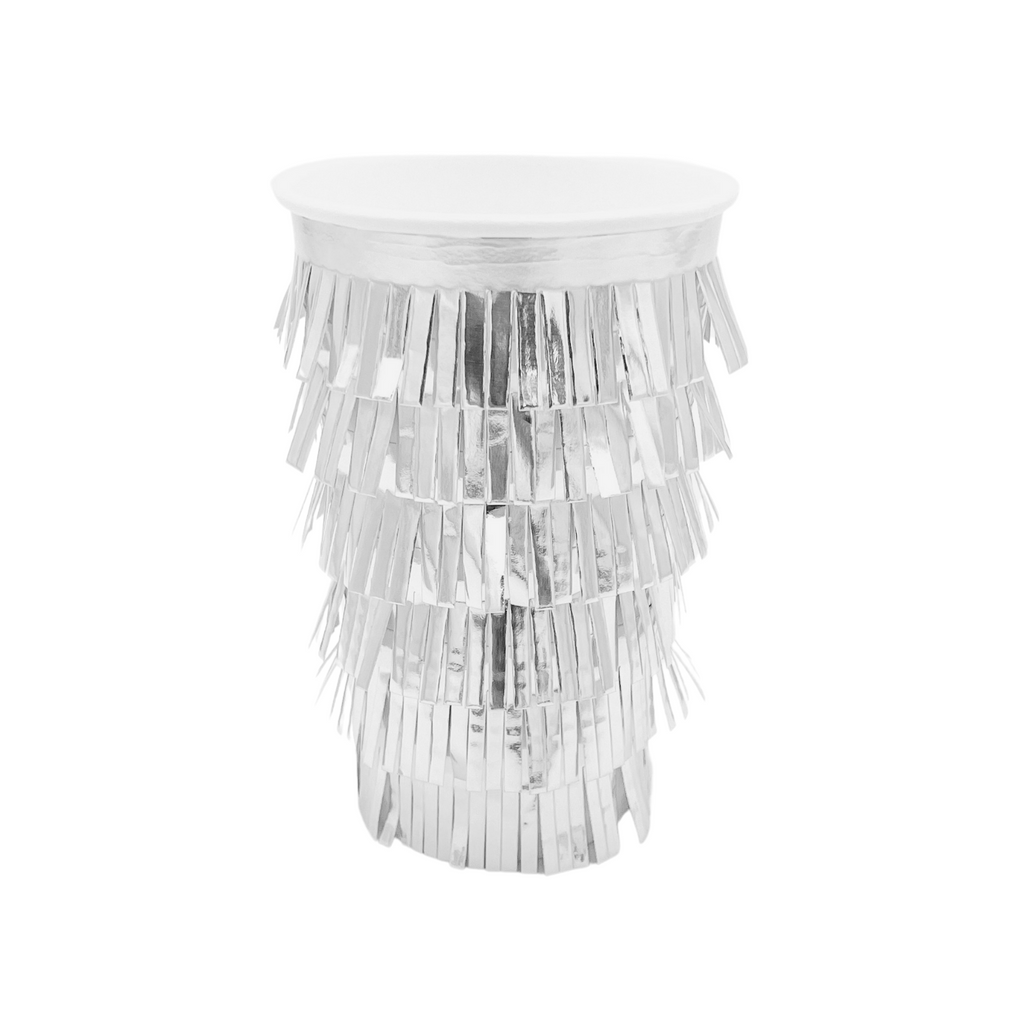 Silver fringe cups. The fringe surrounds the cup from top to bottom in tiers.