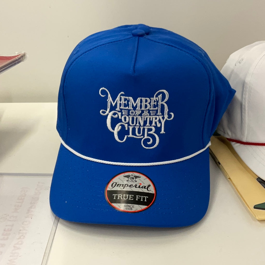 Royal Blue trucker hat with white rope detail and white stitching with words "Member of a Country Club"