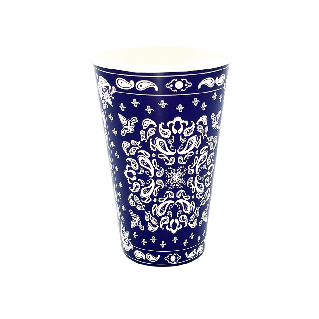 Navy blue colored paper cups with white bandana paisley print details.
