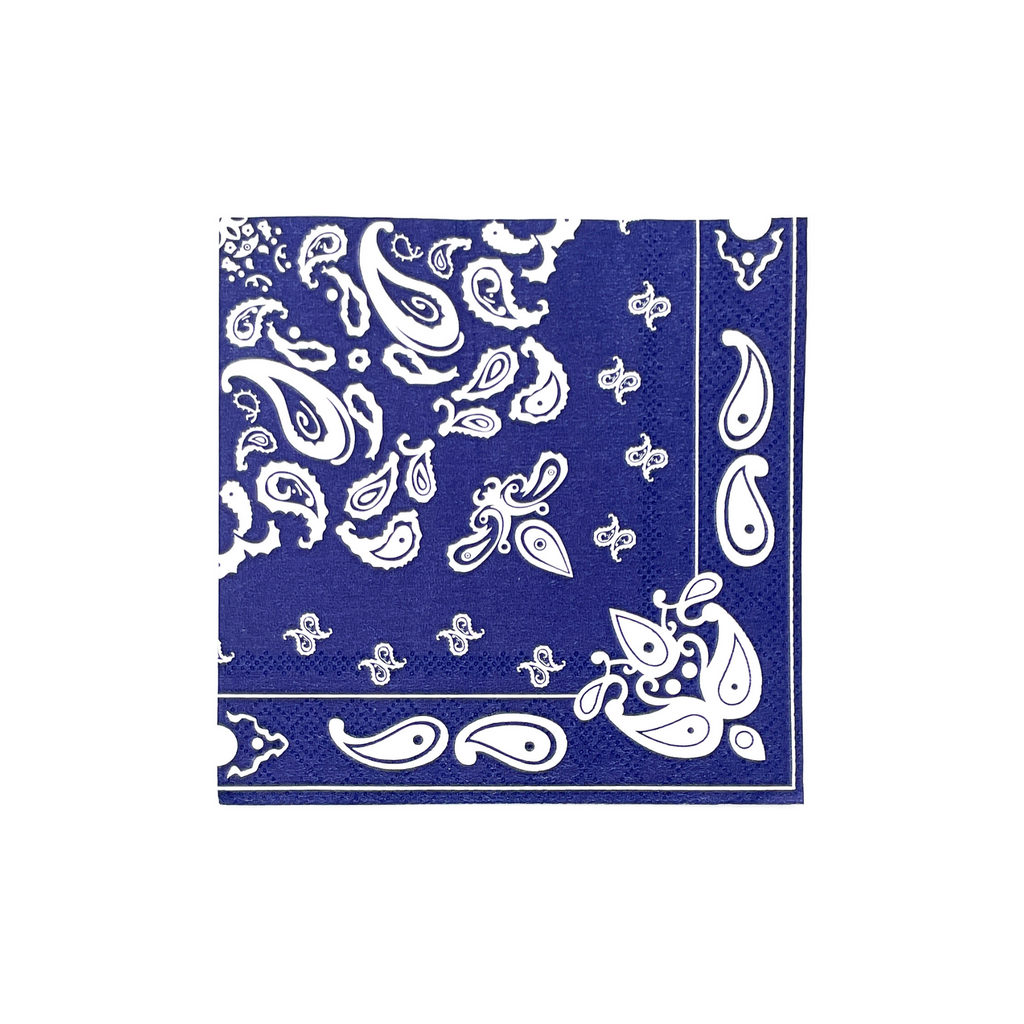 Navy blue colored square paper cocktail napkin with white bandana paisley print details.