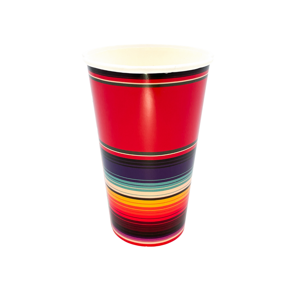 Cups with red serape print. Colors are blue, red, yellow, white stripes.