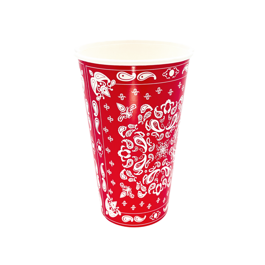 Red colored paper cups with white bandana paisley print details.