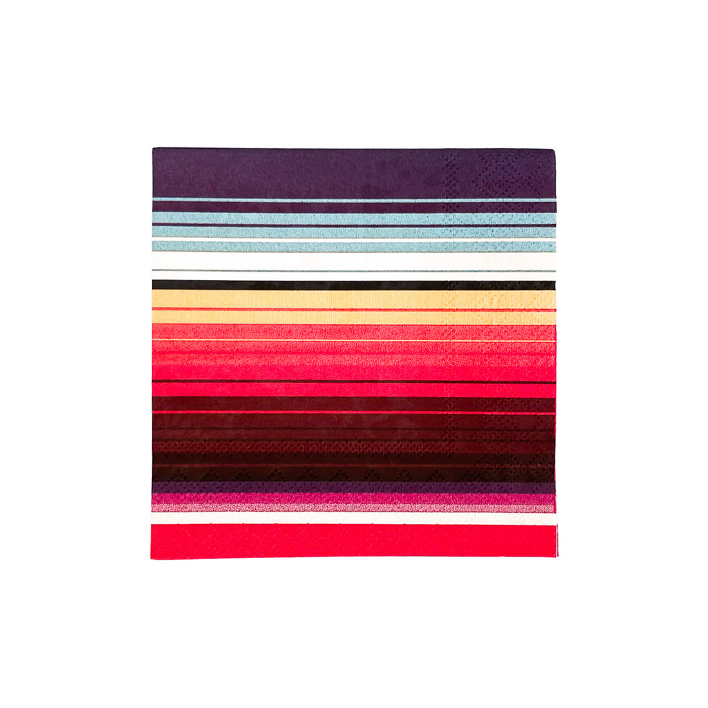 Square, paper cocktail napkins with red serape print. Colors are blue, red, yellow, white stripes. 